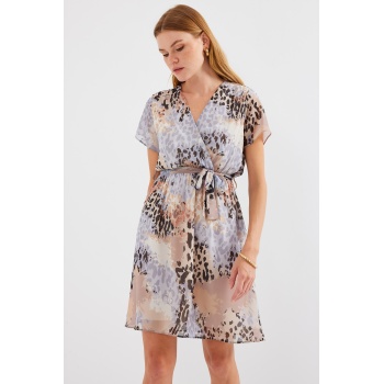 2502 Kısa Kol Desenli Şifon Elbise - Gri