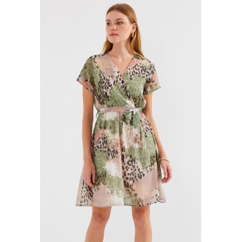 2502 Kısa Kol Desenli Şifon Elbise - Çağla