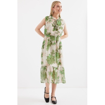 2503 Desenli Sıfır Kol Şifon Elbise - Yeşil