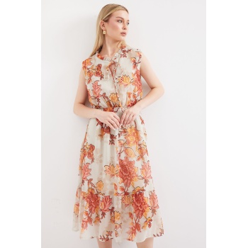 2503 Desenli Sıfır Kol Şifon Elbise - Kiremit