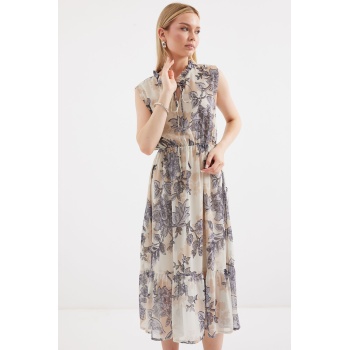 2503 Desenli Sıfır Kol Şifon Elbise - Antrasit