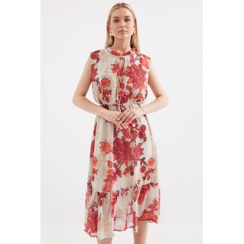 2503 Desenli Sıfır Kol Şifon Elbise - Nar