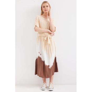 2504 Desenli Kısa Kol Viskon Elbise - Krem