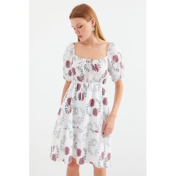 2508 Desenli Mini Kloş Elbise - Ekru