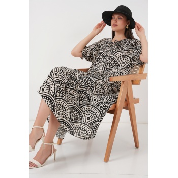 Kadın Kısa Kol Desenli Elbise 2553 - Siyah