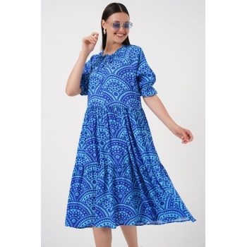 Kadın Kısa Kol Desenli Elbise 2553 - Saks