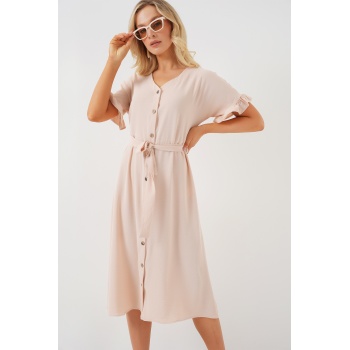 Kadın Kısa Kol Düğmeli Elbise 2555 - Krem