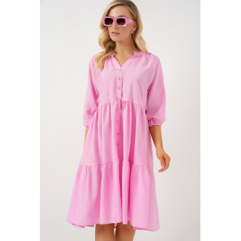 Kadın Düğmeli Kısa Kol Elbise 2559 - Pembe