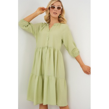 Kadın Düğmeli Kısa Kol Elbise 2559 - E.Yeşil