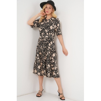 Kadın Kısa Kol Desenli Elbise 2560 - Siyah