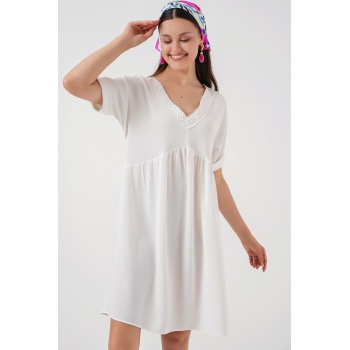 Kadın V Yaka Kısa Kol Elbise 2567 - Beyaz