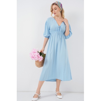 2570 Kadın Beli Büzgülü V Yaka Elbise - Mavi