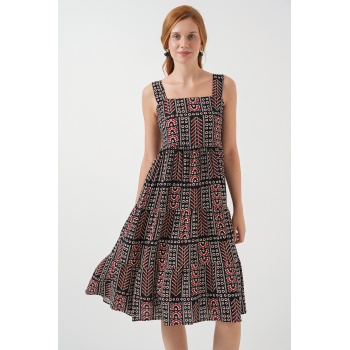 Kadın Desenli Askılı Midi Elbise 2577 - Siyah