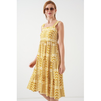 Kadın Desenli Askılı Midi Elbise 2577 - Sarı