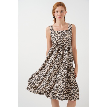 Kadın Desenli Askılı Midi Elbise 2577 - C. Kahverengi