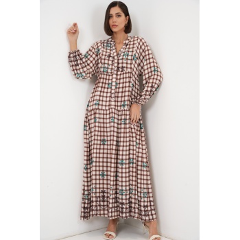 Kadın Desenli Uzun Tesettür Elbise 2585 - A.Taba