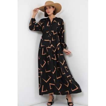 Kadın Desenli Uzun Tesettür Elbise 2585 - H. Siyah