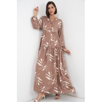 Kadın Desenli Uzun Tesettür Elbise 2585 - D.Vizon