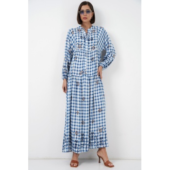 Kadın Desenli Uzun Tesettür Elbise 2585 - A.Mavi