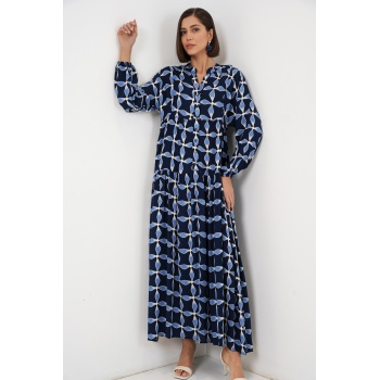 Kadın Desenli Uzun Tesettür Elbise 2585 - M. Lacivert