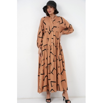 Kadın Desenli Uzun Tesettür Elbise 2585 - A. Vizon