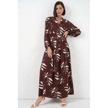 Kadın Desenli Uzun Tesettür Elbise 2585 - F.KAHVE