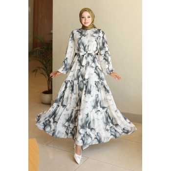 Kadın Desenli Uzun Tesettür Elbise 2586 - Haki