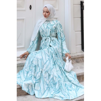 Kadın Desenli Uzun Tesettür Elbise 2586 - Yeşil