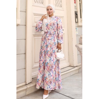 Kadın Desenli Uzun Tesettür Elbise 2586 - A.Pudra