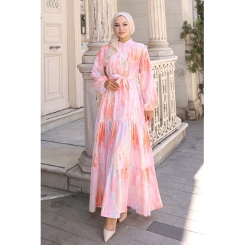 Kadın Desenli Uzun Tesettür Elbise 2586 - Pembe