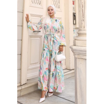 Kadın Desenli Uzun Tesettür Elbise 2586 - Turkuaz