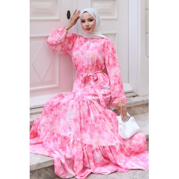 Kadın Desenli Uzun Tesettür Elbise 2586 - Y.Pembe