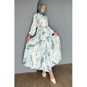 Kadın Desenli Uzun Tesettür Elbise 2586 - Çağla