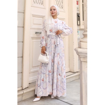 Kadın Desenli Uzun Tesettür Elbise 2586 - Taş