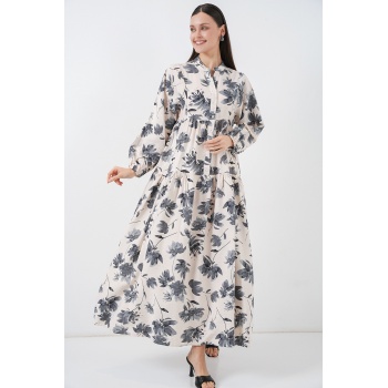 Kadın Lilyum Kumaş Uzun Tesettür Elbise 2593 - Gri