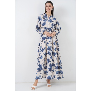 Kadın Lilyum Kumaş Uzun Tesettür Elbise 2593 - İndigo