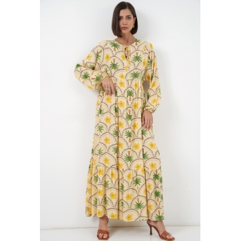 Kadın Desenli Tesettür Elbise 2594 - Sarı