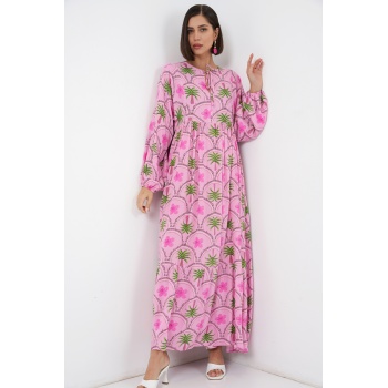 Kadın Desenli Tesettür Elbise 2594 - Pembe