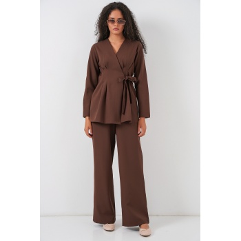 Kadın Kimono Pantolon Kumaş Takım 30054 - Kahverengi