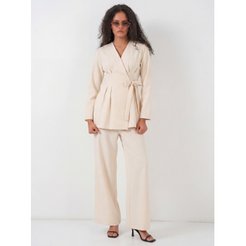 Kadın Kimono Pantolon Kumaş Takım 30054 - Bej