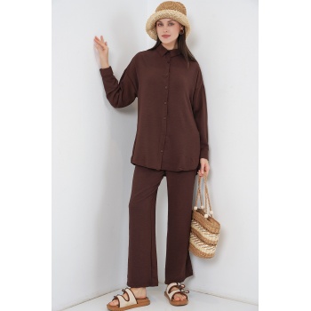 Kadın Gömlek Pantolon İkili Takım 30063 - Kahverengi