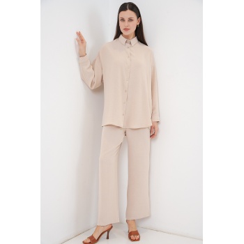 Kadın Gömlek Pantolon İkili Takım 30063 - Krem