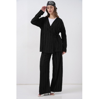 Kadın Örme Kimono Pantolon İkili Takım 30067 - Siyah
