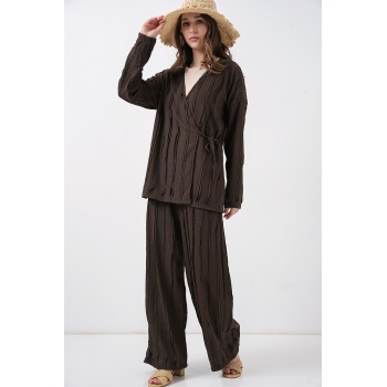 Kadın Örme Kimono Pantolon İkili Takım 30067 - Kahverengi