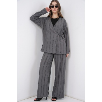 Kadın Örme Kimono Pantolon İkili Takım 30067 - Gri