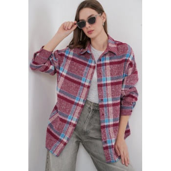 Kadın Ekose Desen Oversize Oduncu Gömlek 3854 Mor