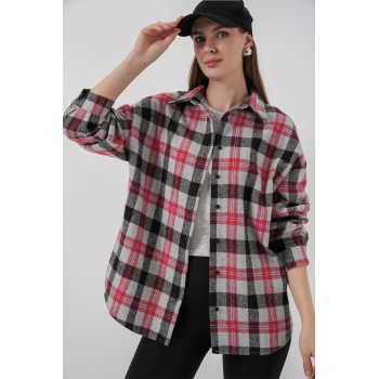 Kadın Ekose Desen Oversize Oduncu Gömlek 3854 Nar
