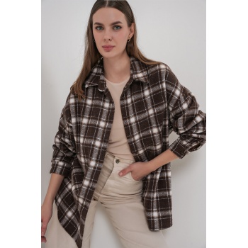 Kadın Ekose Desen Oversize Oduncu Gömlek 3854 C. Kahverengi