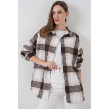 Kadın Ekose Desen Oversize Oduncu Gömlek 3854 Bisküvi