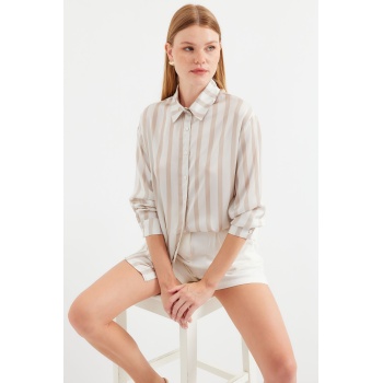3964 Hafif Dökümlü Saten Gömlek - C. Bej